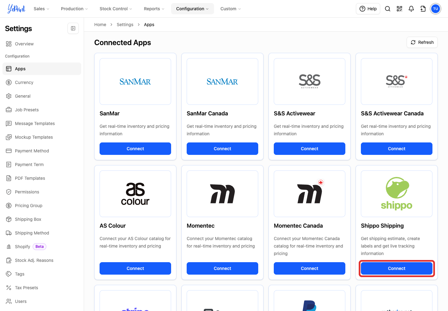 The Shippo Shipping card in Connected Apps