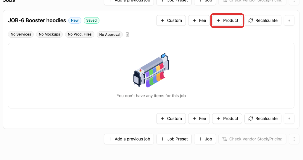 Product button on a draft order job card