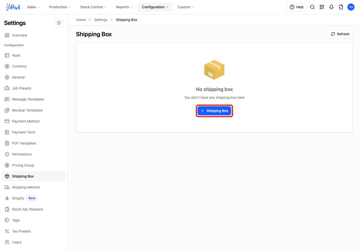 The Shipping Box settings page