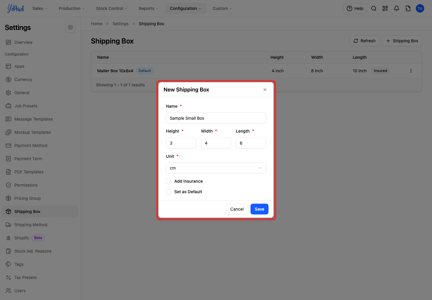 The new shipping box form with dimensions and unit filled in