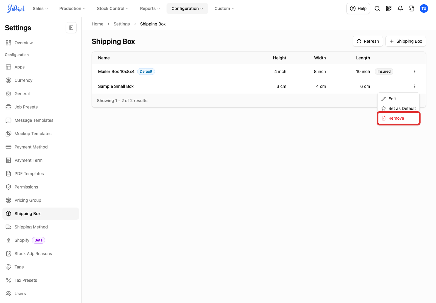 The More actions menu for a shipping box