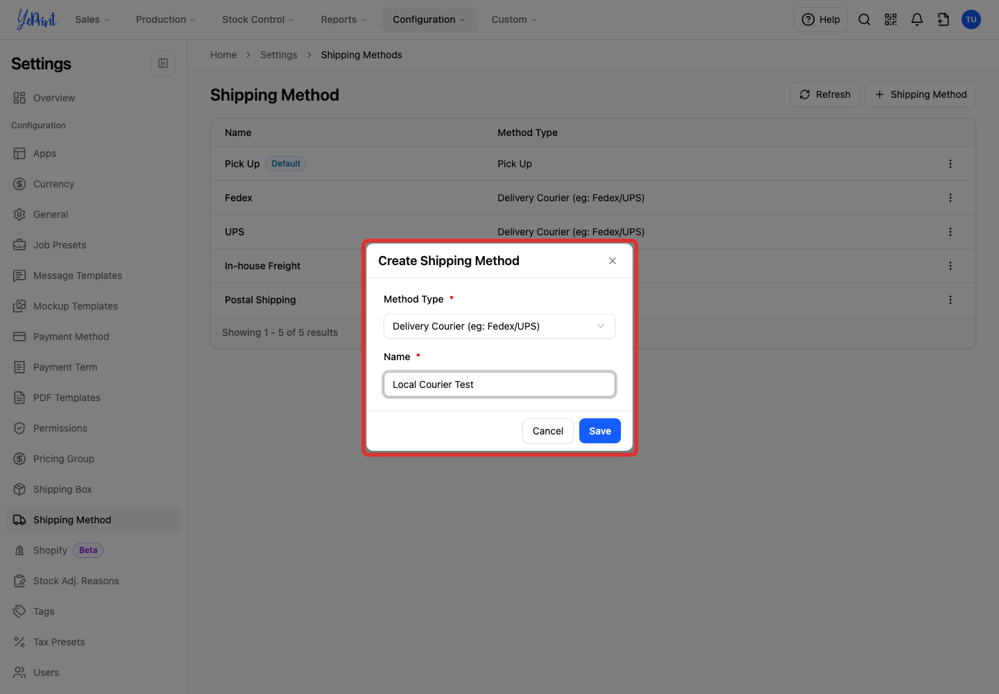 The new shipping method form with a method type and name