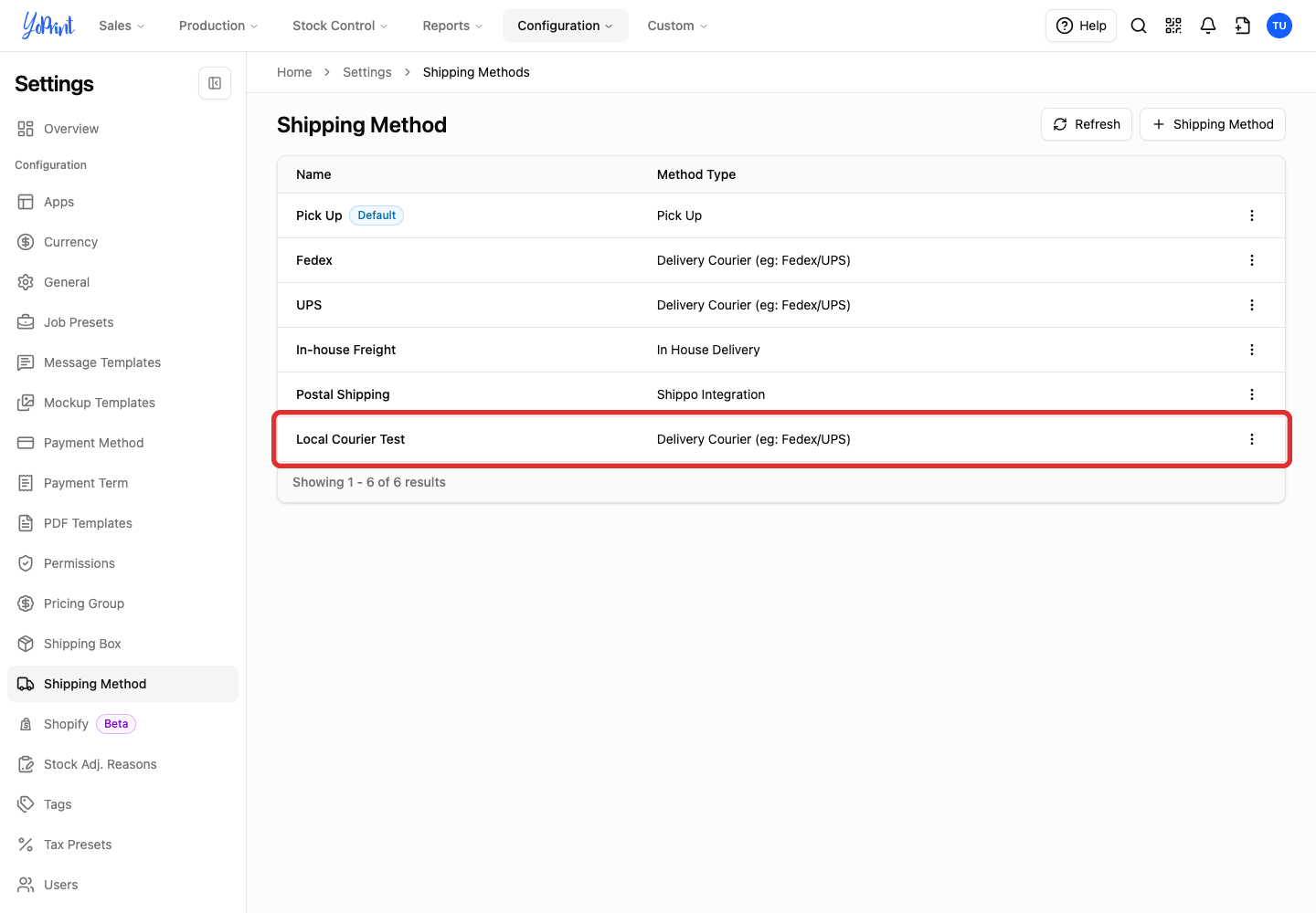 The saved custom shipping method in the list
