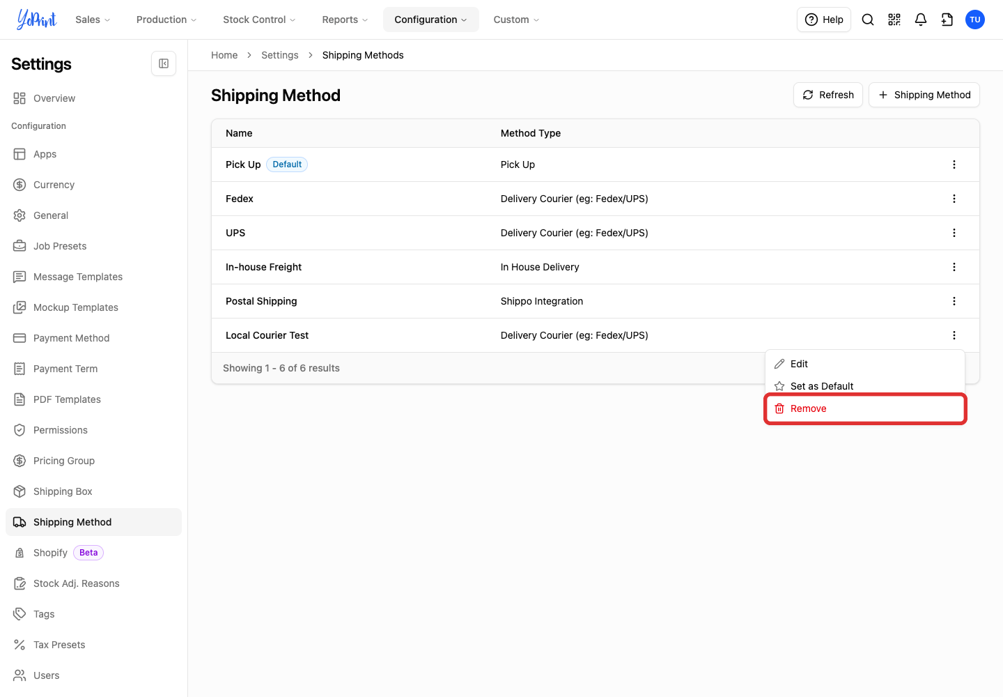 The More actions menu for a shipping method