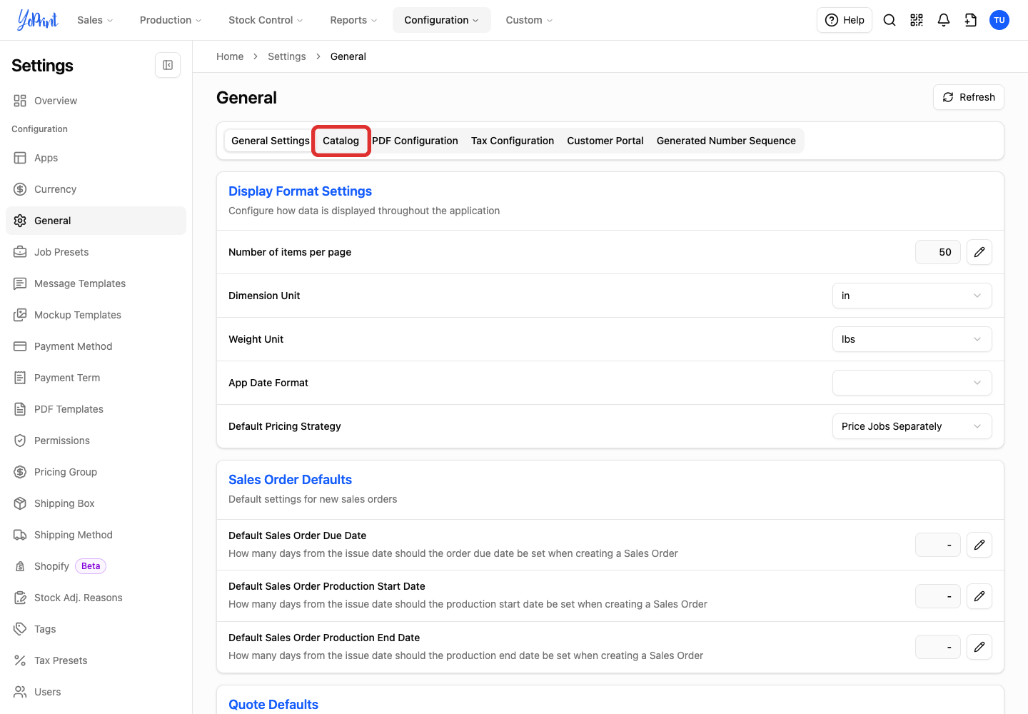 Catalog tab in General settings