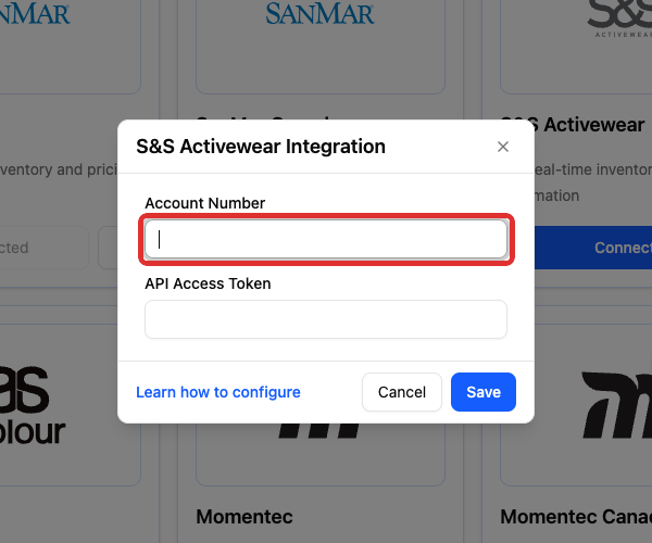 Account Number field in S&S Activewear Integration