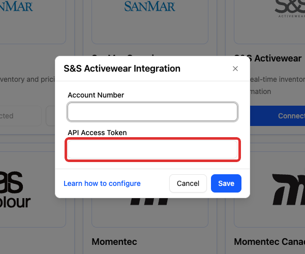 API Access Token field in S&S Activewear Integration