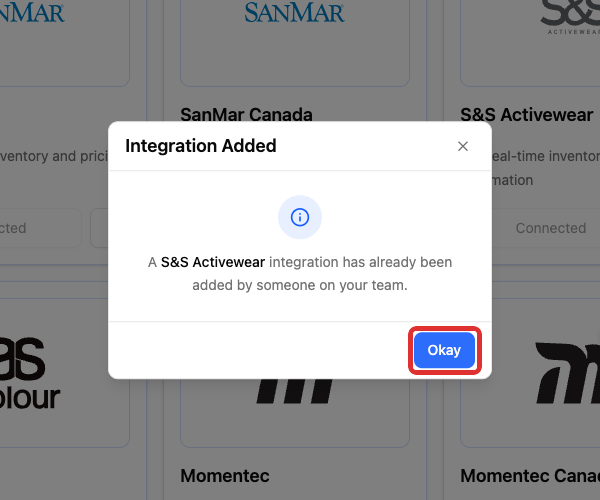 Okay on the Integration Added notice