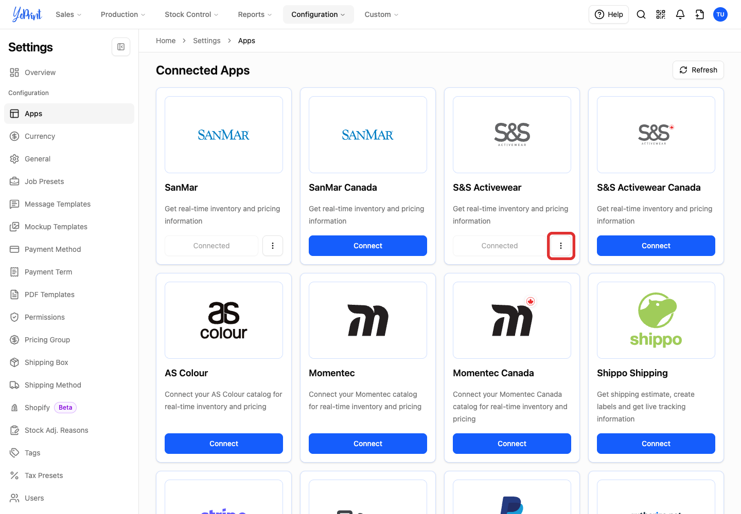 Menu for removing the S&S Activewear connection