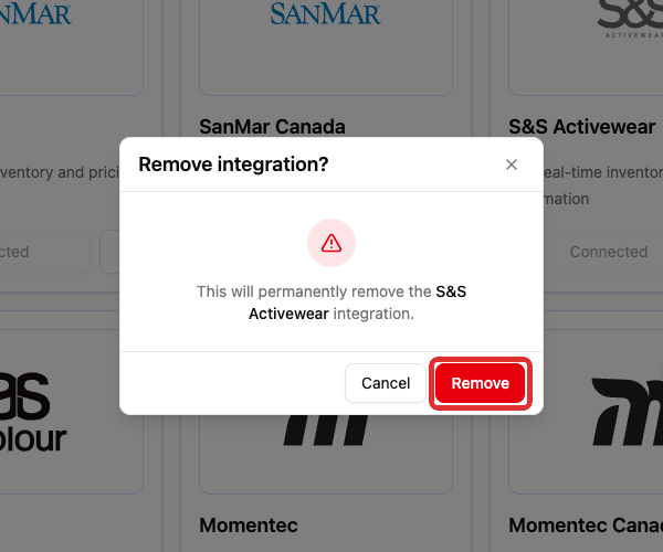 Confirm removal of the S&S Activewear integration