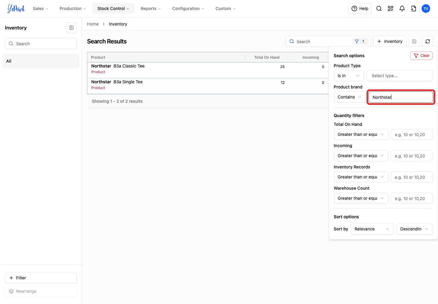 Search options with a product-brand filter