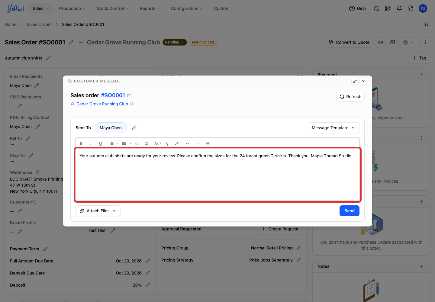 Customer email text in the message composer
