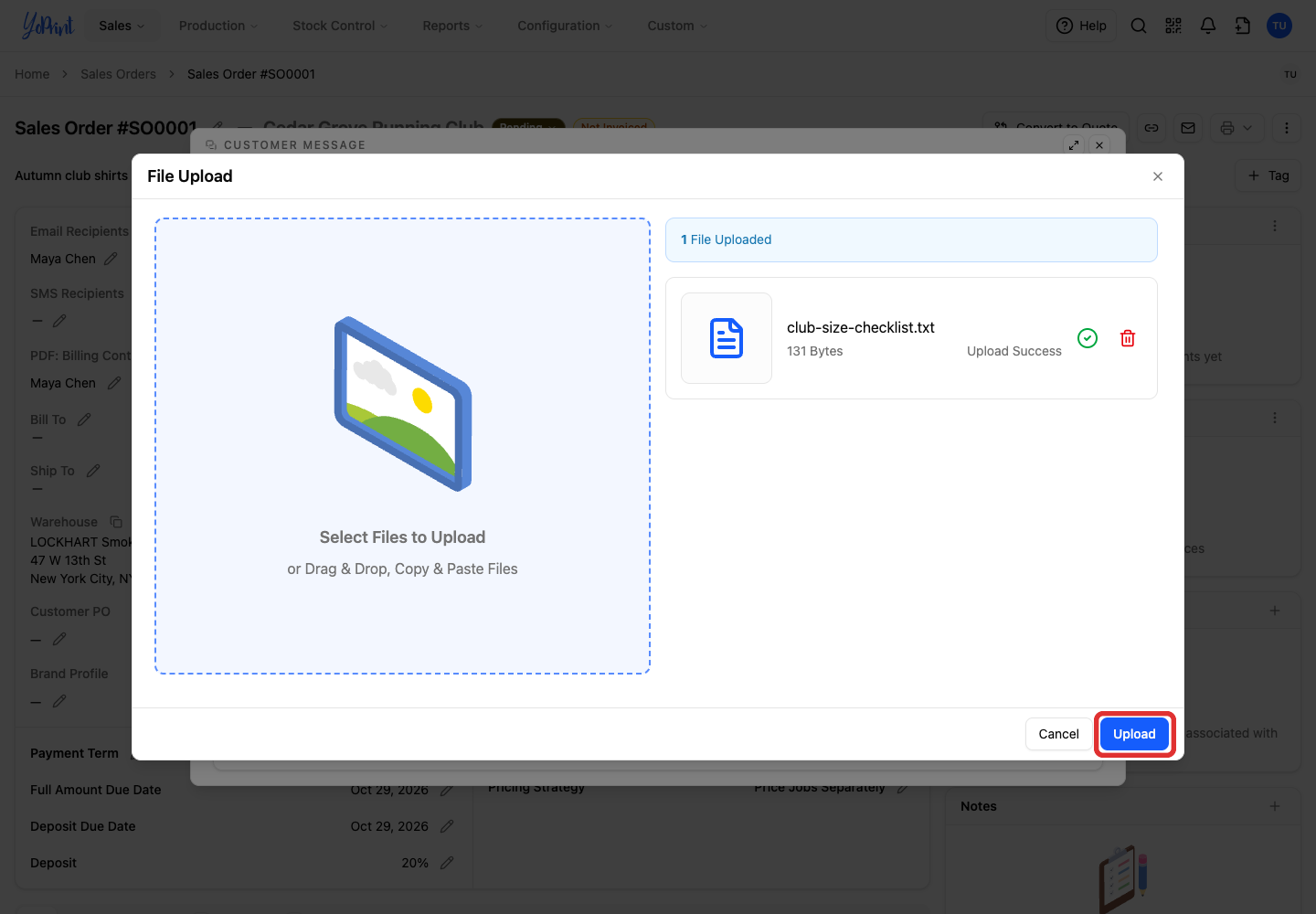 Upload button after the size checklist finishes uploading