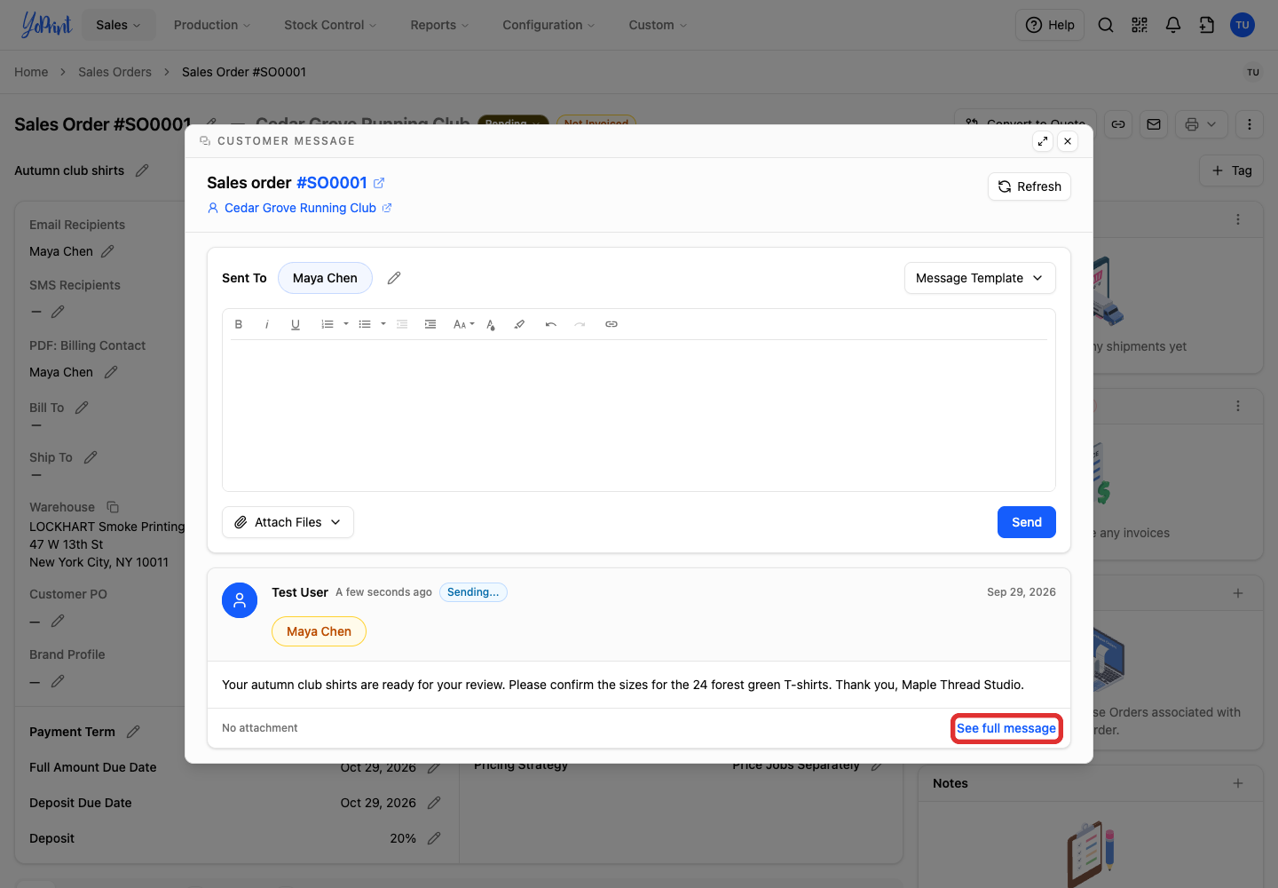 See full message beneath the sent customer email