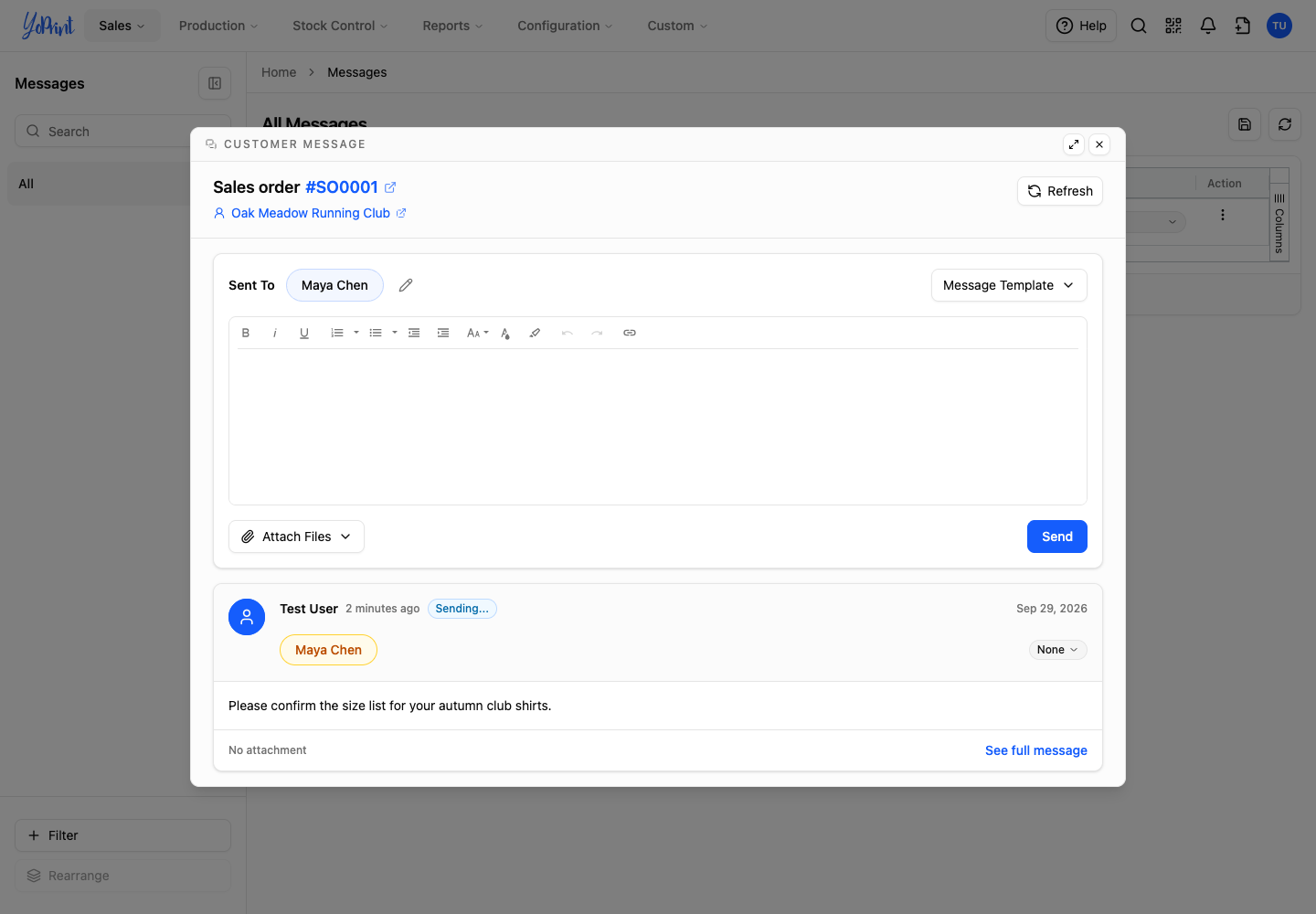 A sent customer message showing Sending...