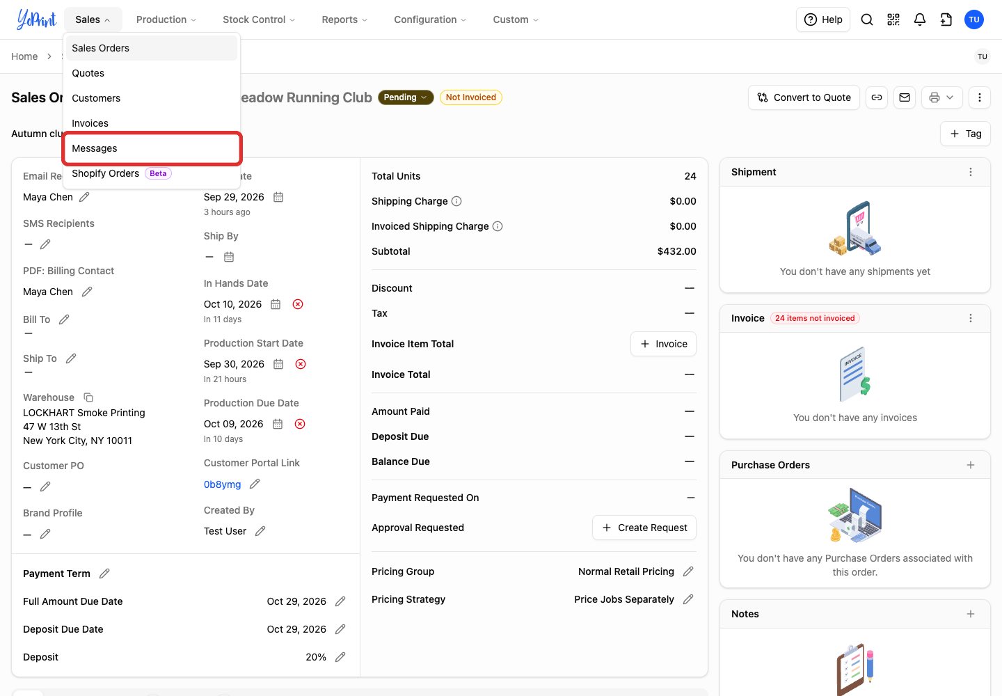 Messages in the Sales menu