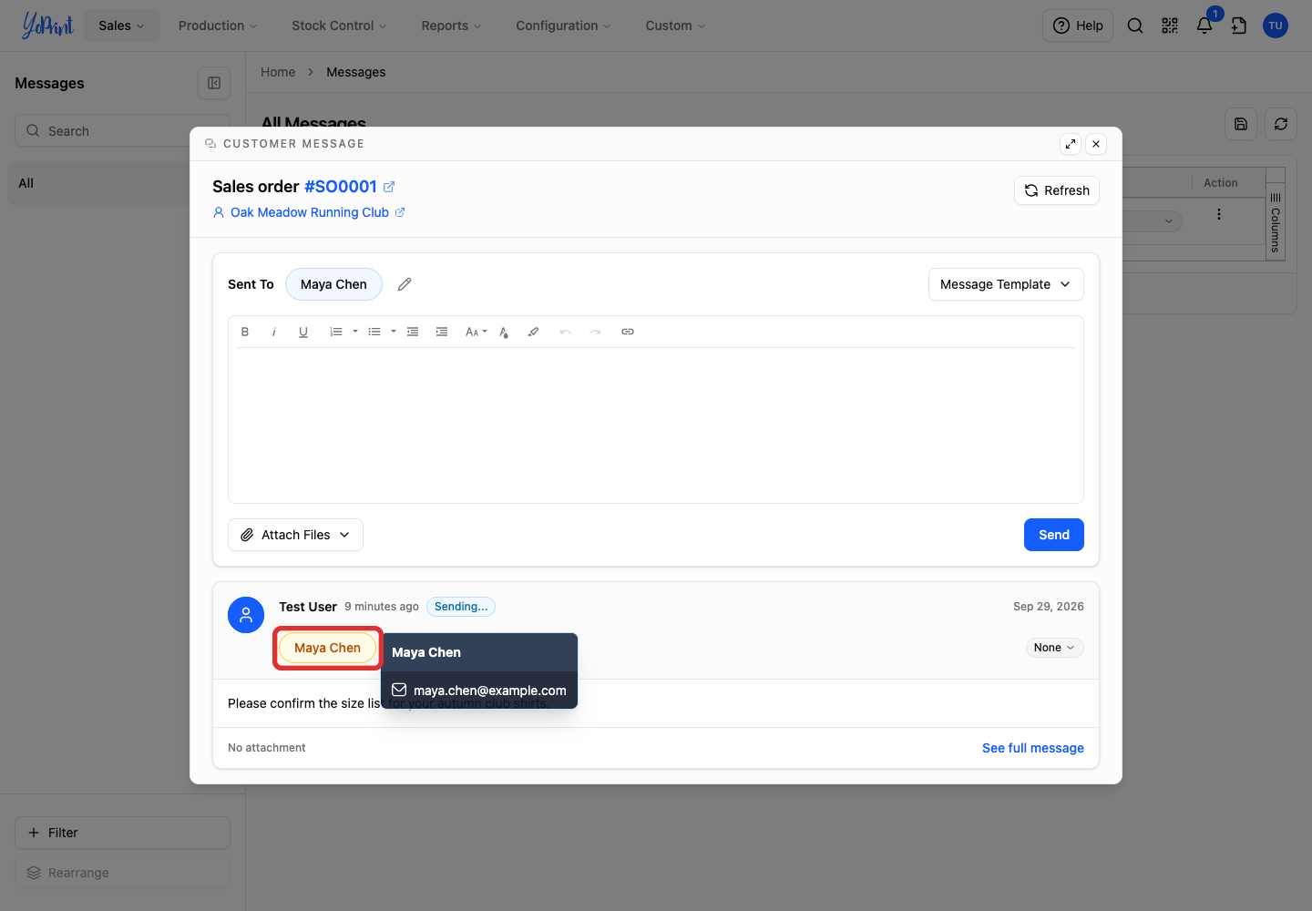 The recipient's email address appears on hover in the message header