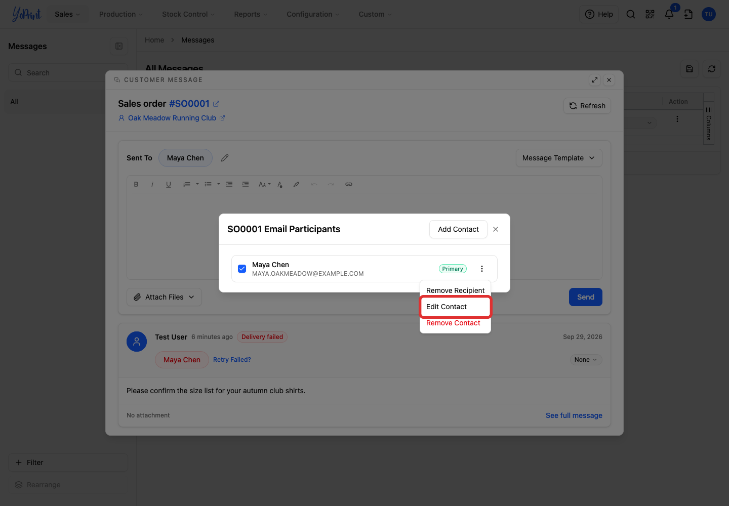 Edit Contact in the participant menu