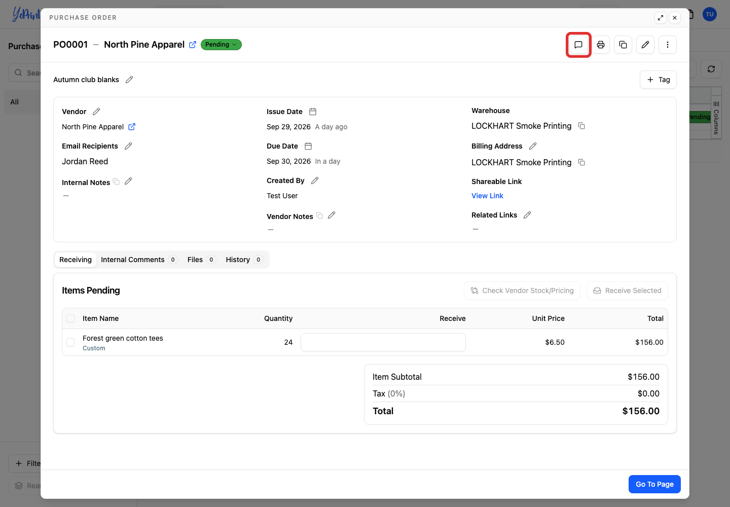 Message icon on the opened purchase order