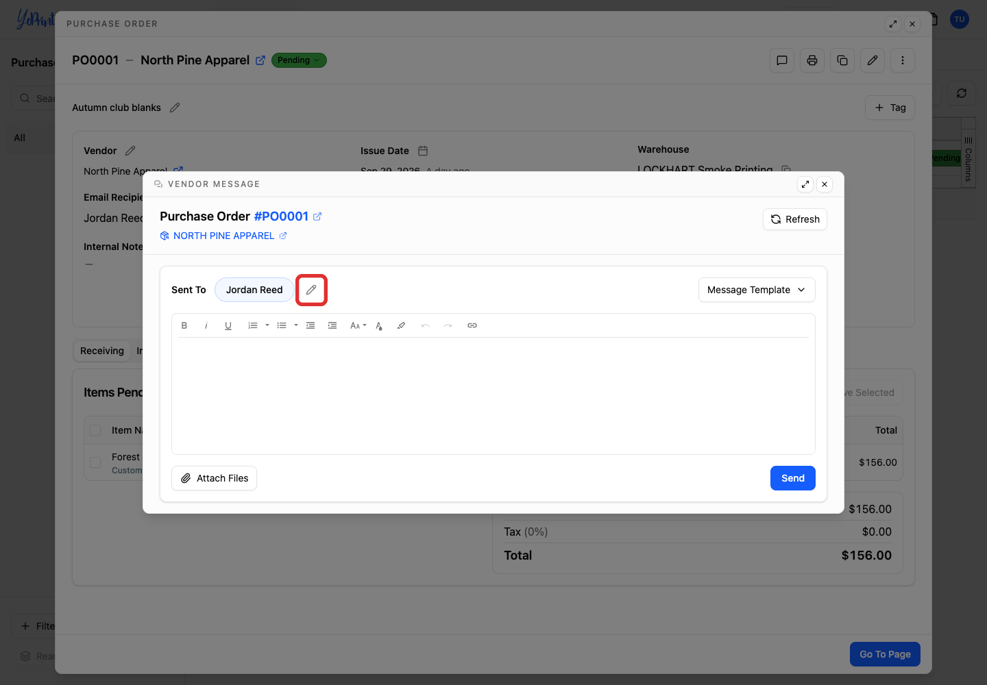 Edit recipients beside Sent To in Vendor Message
