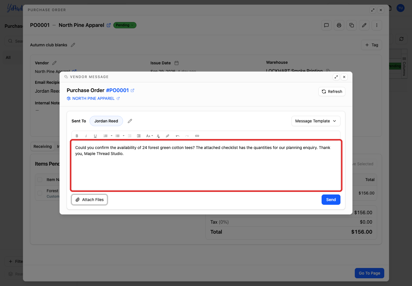 Vendor enquiry in the message text box