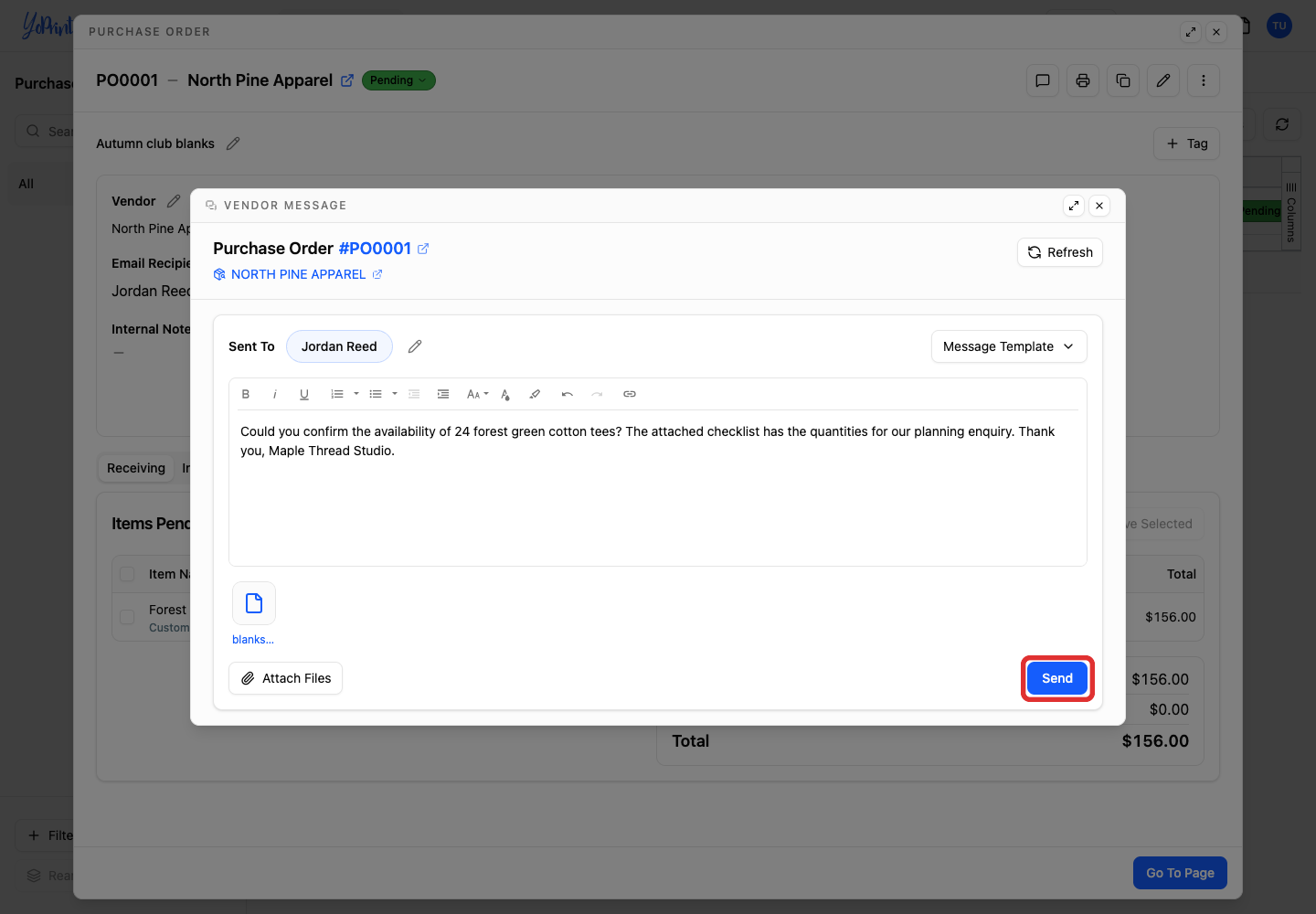 Send button beside the completed enquiry and attachment