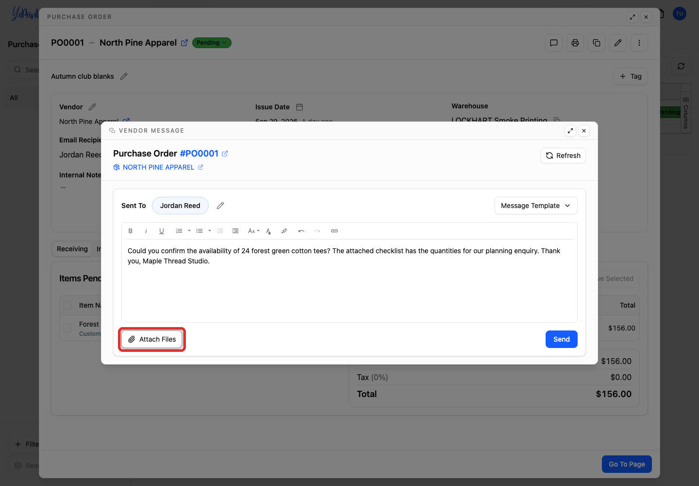 Attach Files below the vendor enquiry