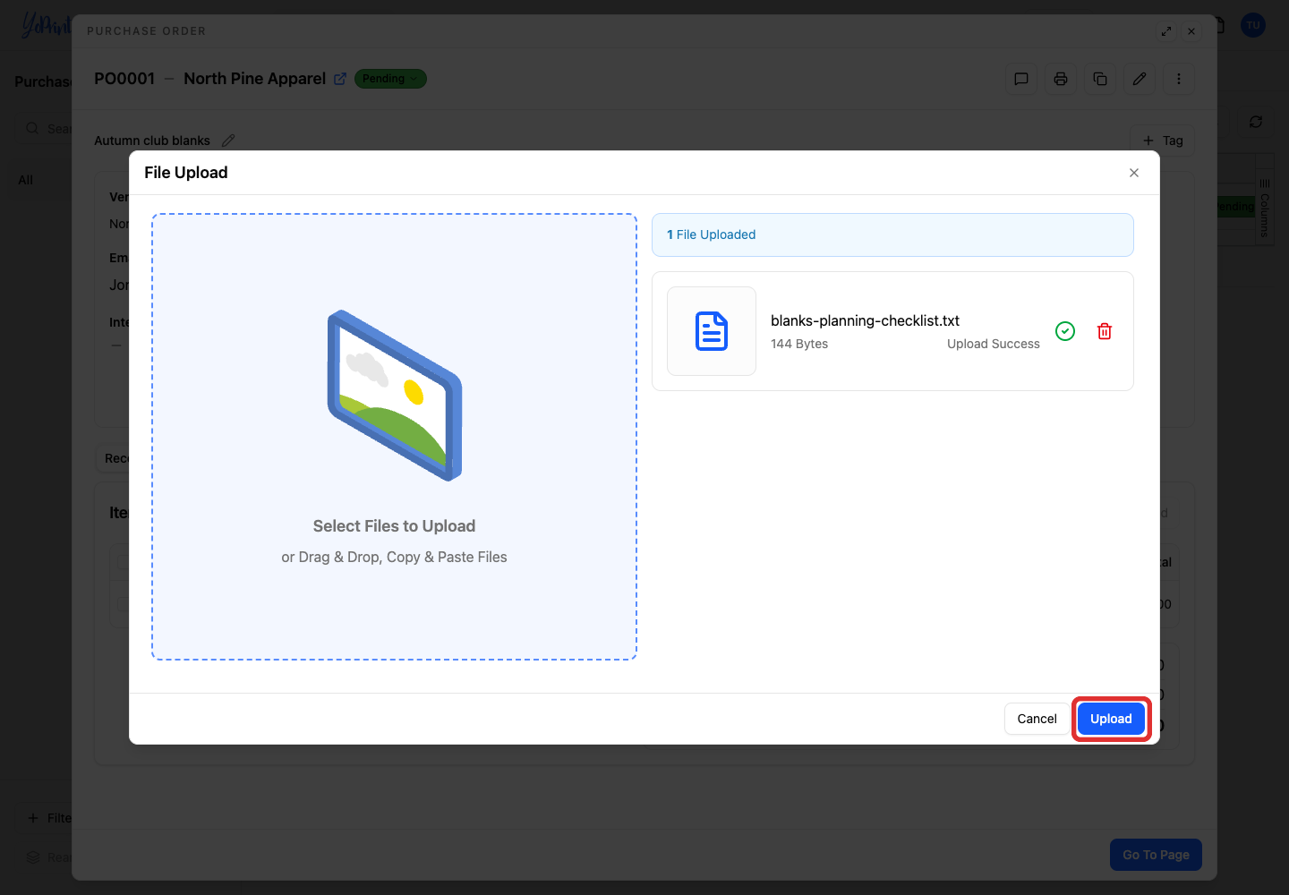 Upload button after the planning checklist finishes uploading