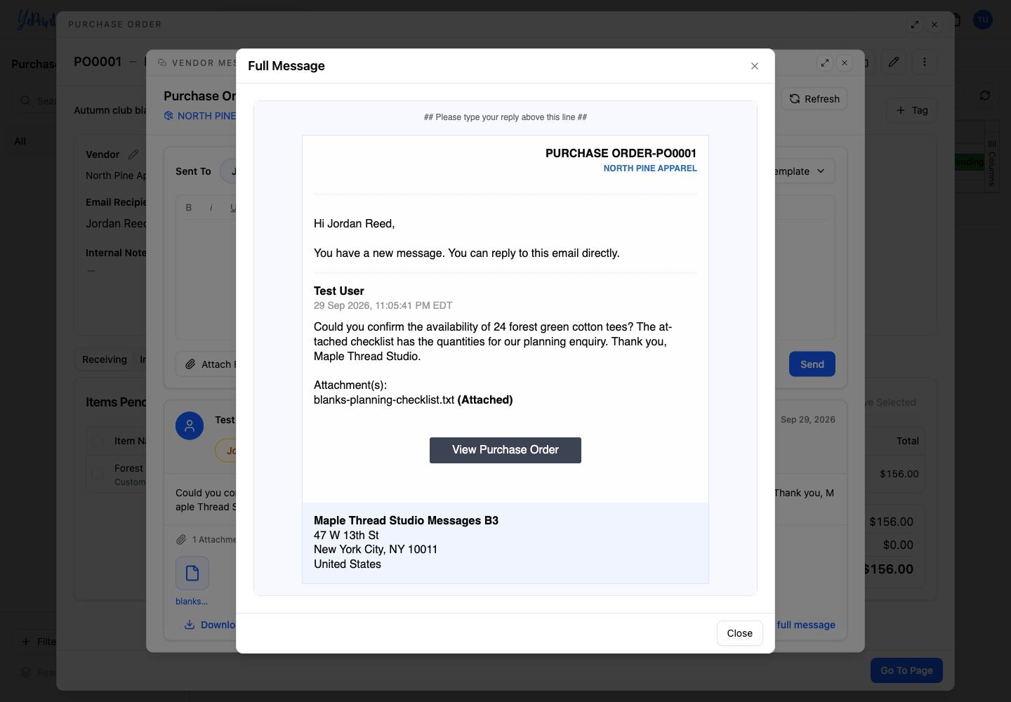The outgoing vendor email with its attachment and View Purchase Order link