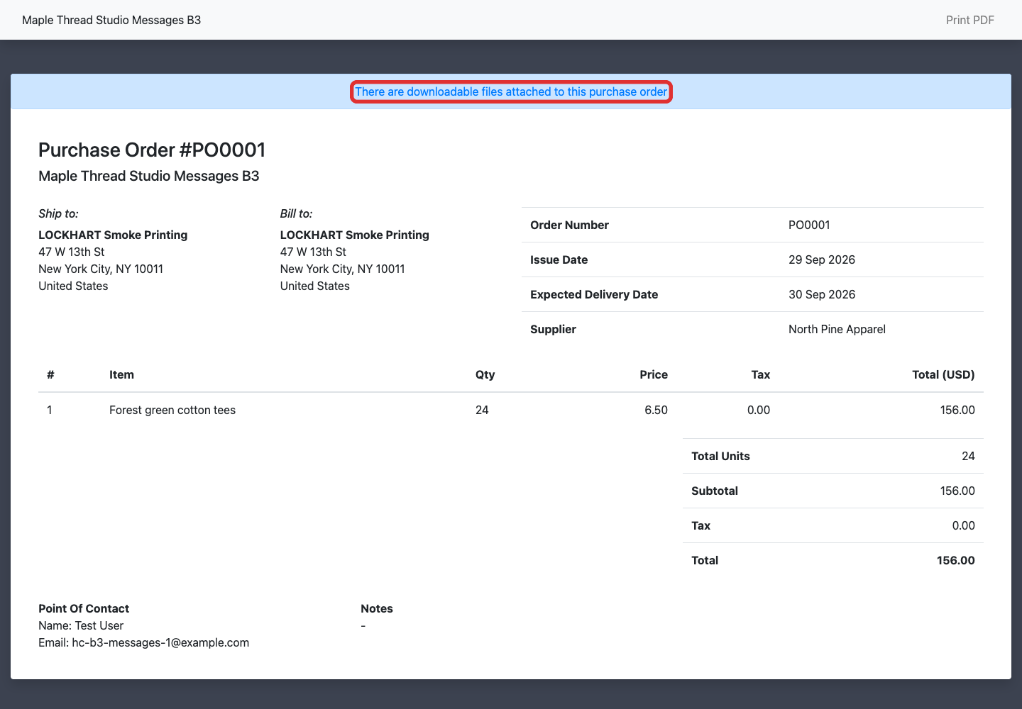 Attached-files notice at the top of the shared purchase order