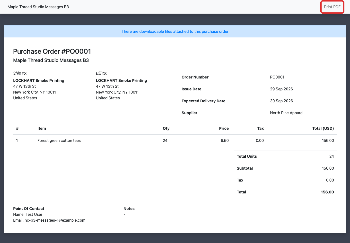 Print PDF at the top of the shared purchase order