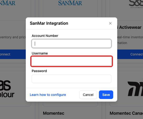 Username field in SanMar Integration