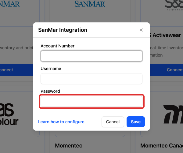 Password field in SanMar Integration