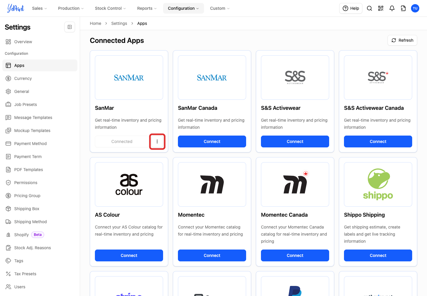 Menu for removing the SanMar connection