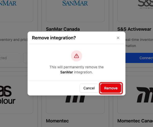 Confirm removal of the SanMar integration