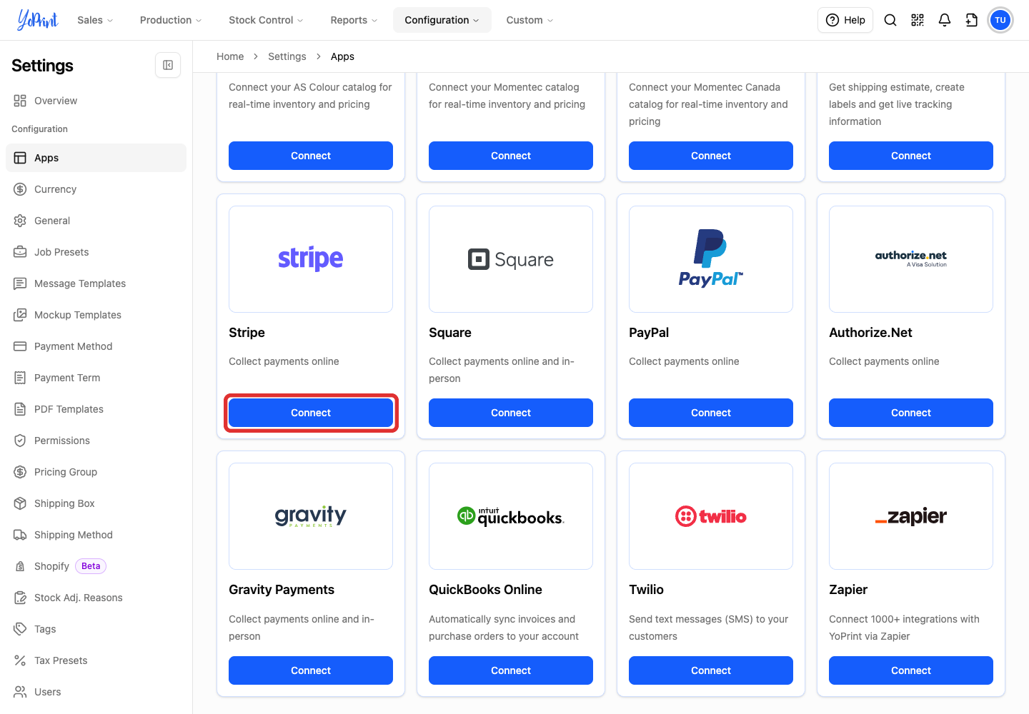 Stripe card in Connected Apps