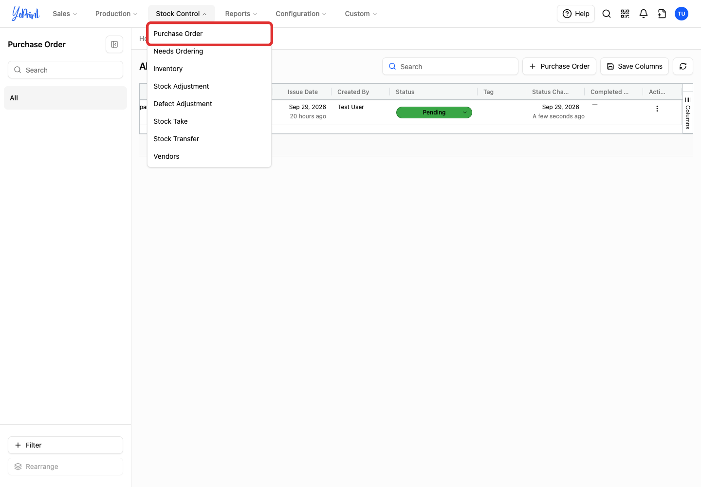 Purchase Order in the Stock Control menu