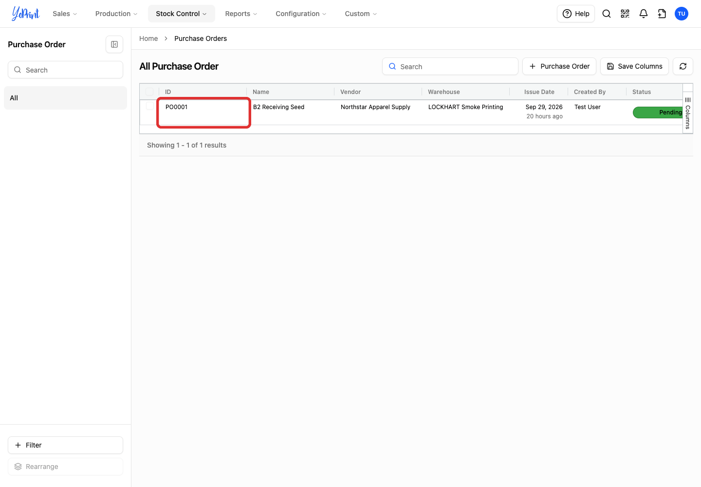 Purchase order number in the list