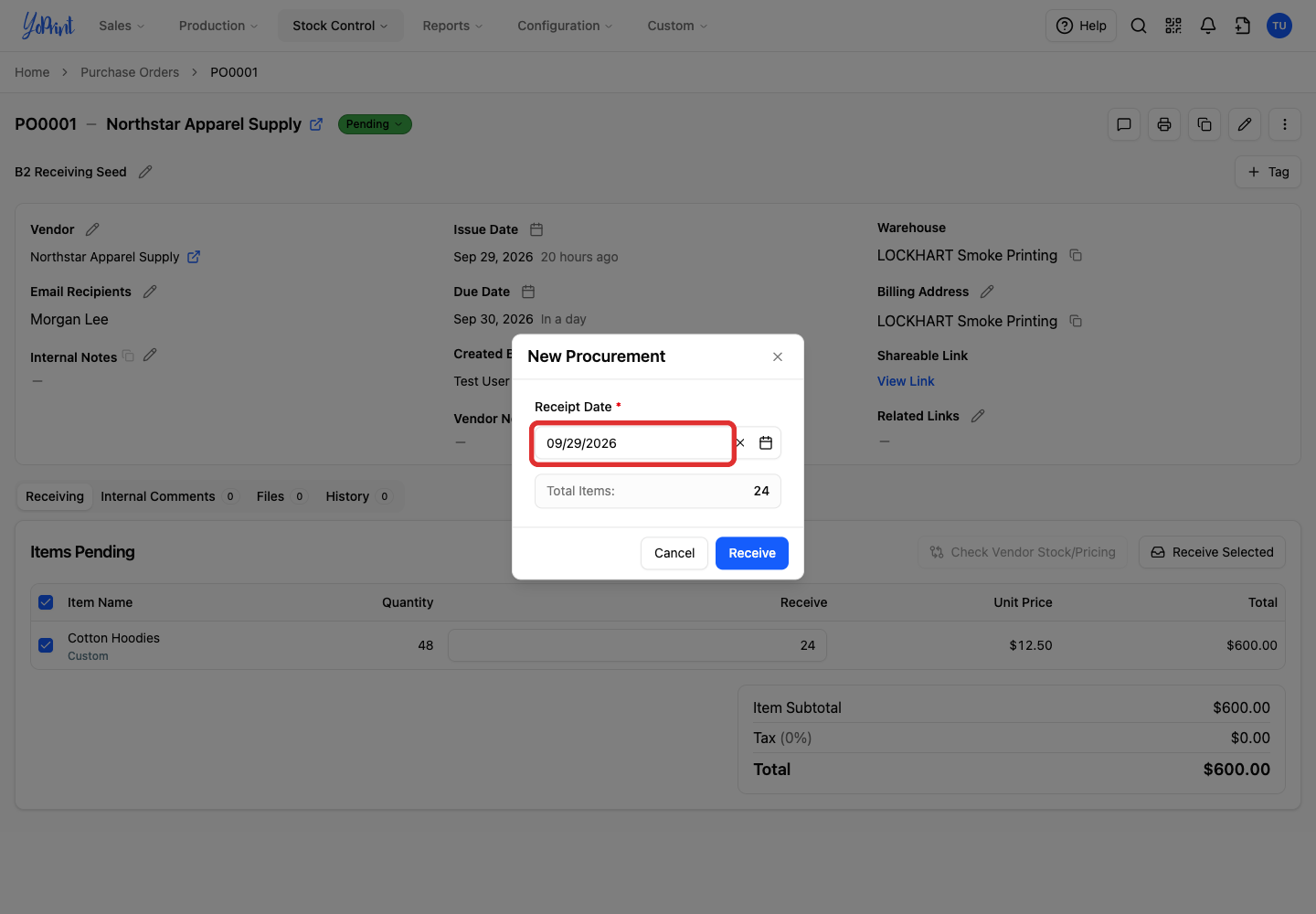 Receipt Date in New Procurement