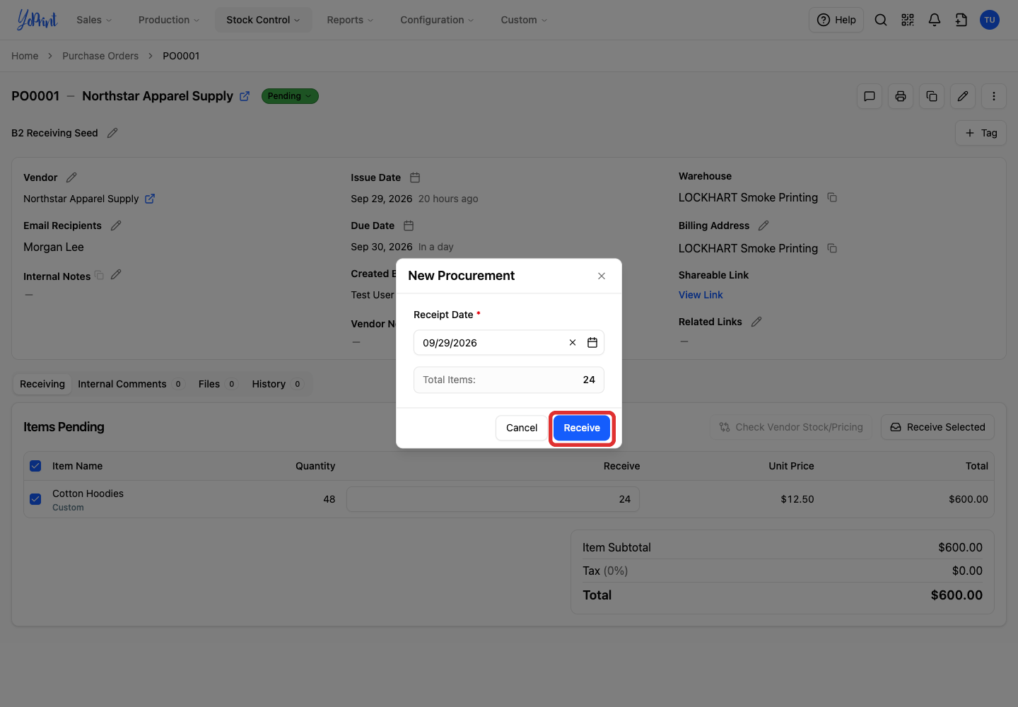 Receive button in New Procurement