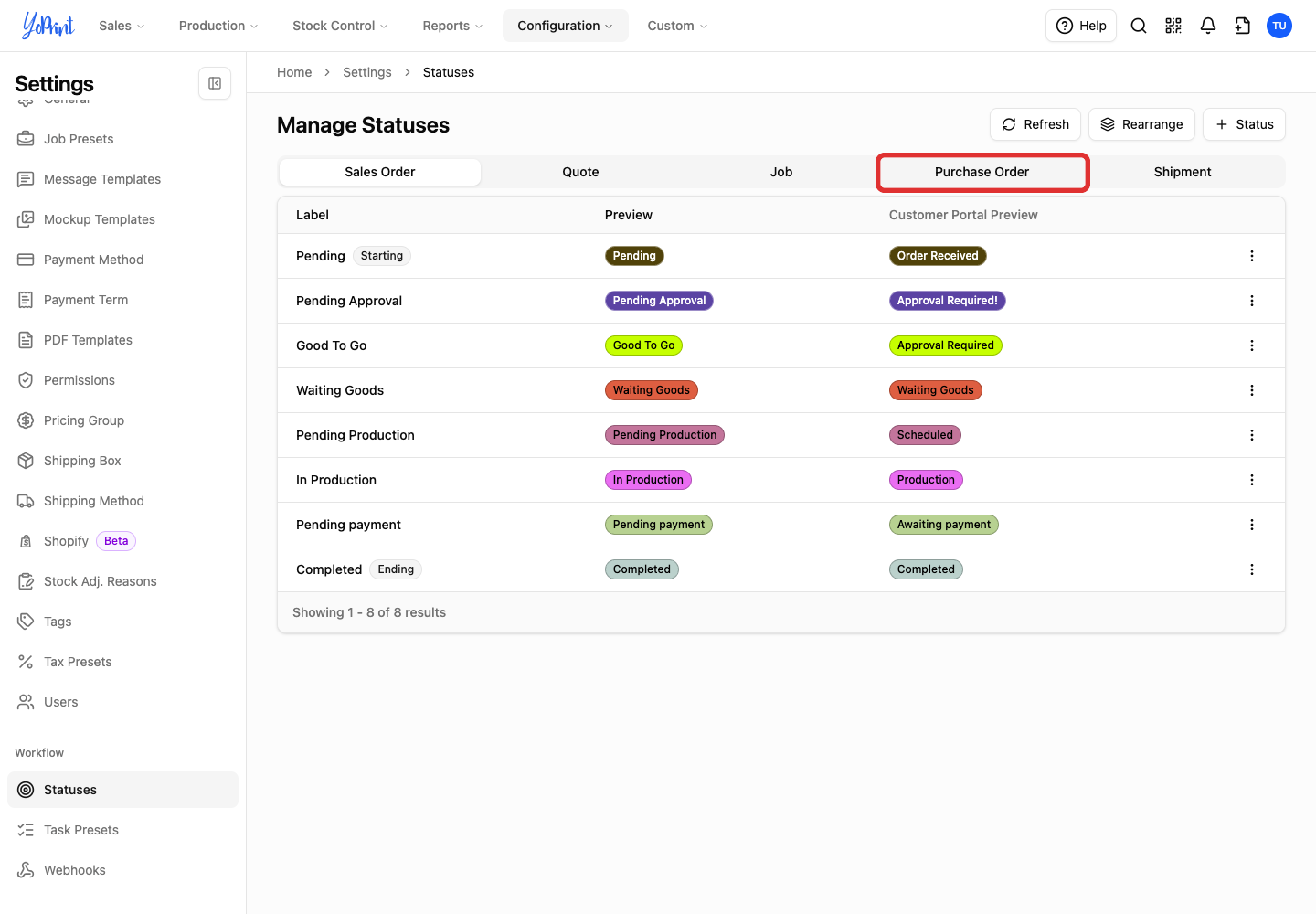 Purchase Order tab in Manage Statuses