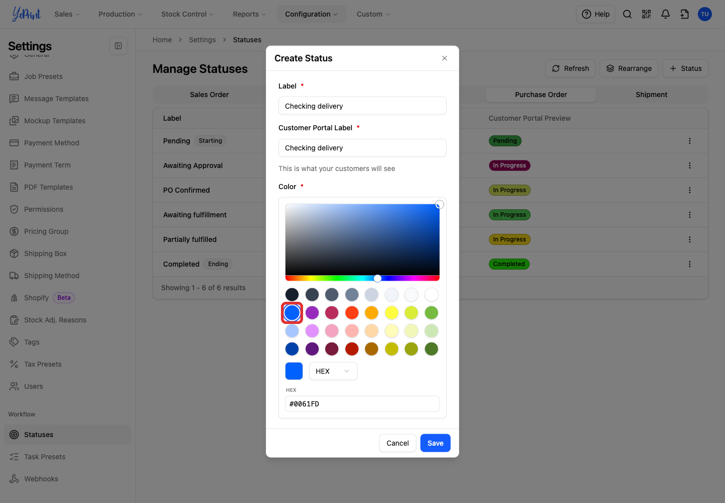 Choose a status color preset