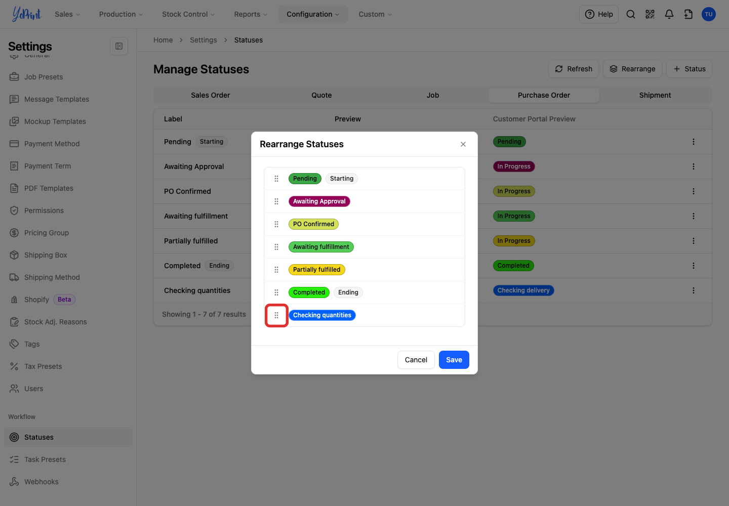 Drag handle beside Checking quantities
