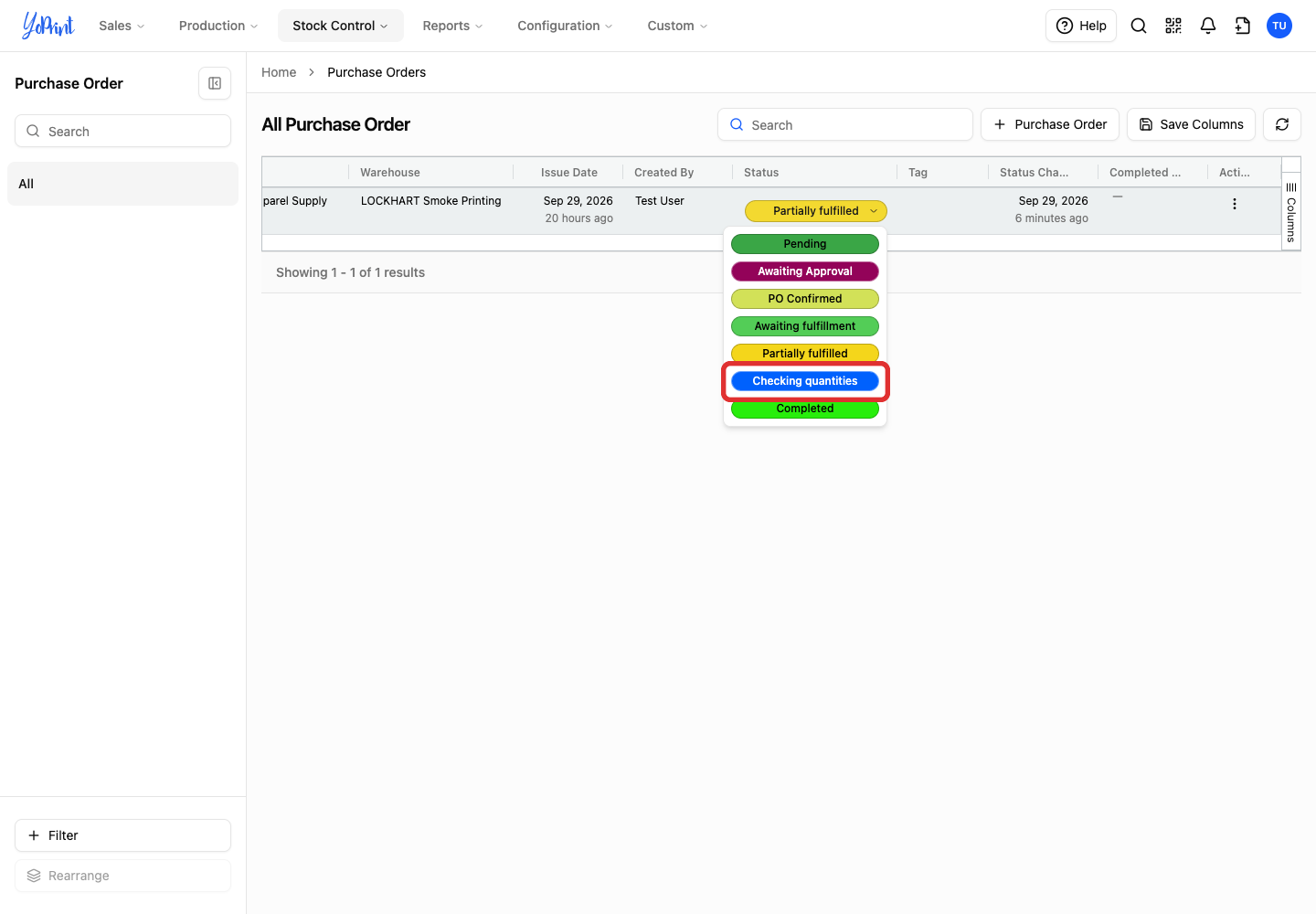 Choose Checking quantities from the status menu
