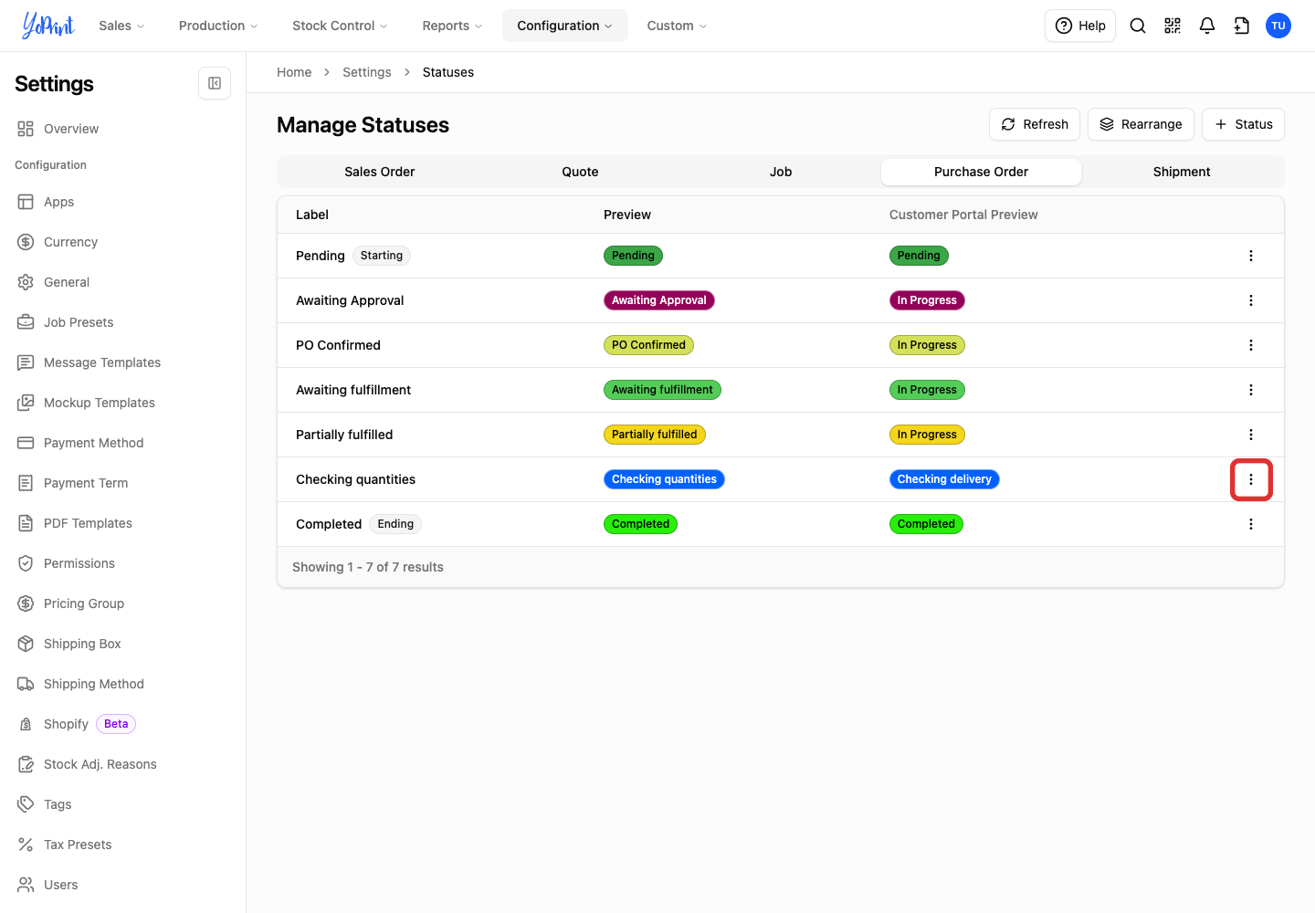 More actions for the status to remove