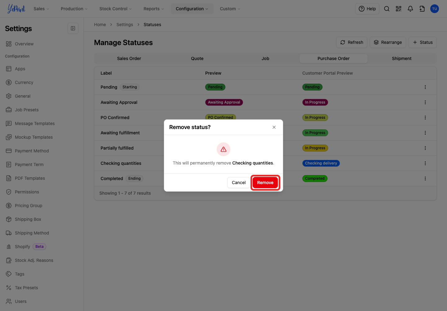 Confirm removal of Checking quantities