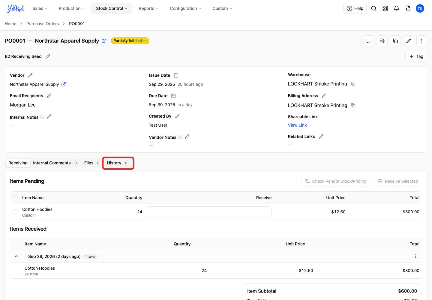 History tab on the purchase order