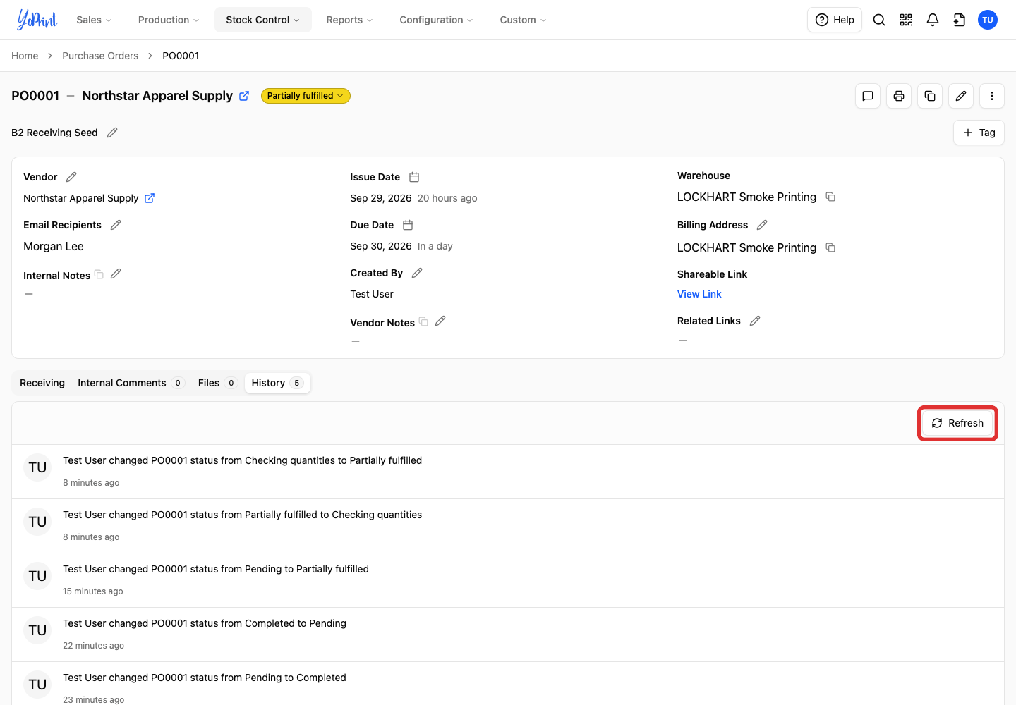 Refresh purchase order history