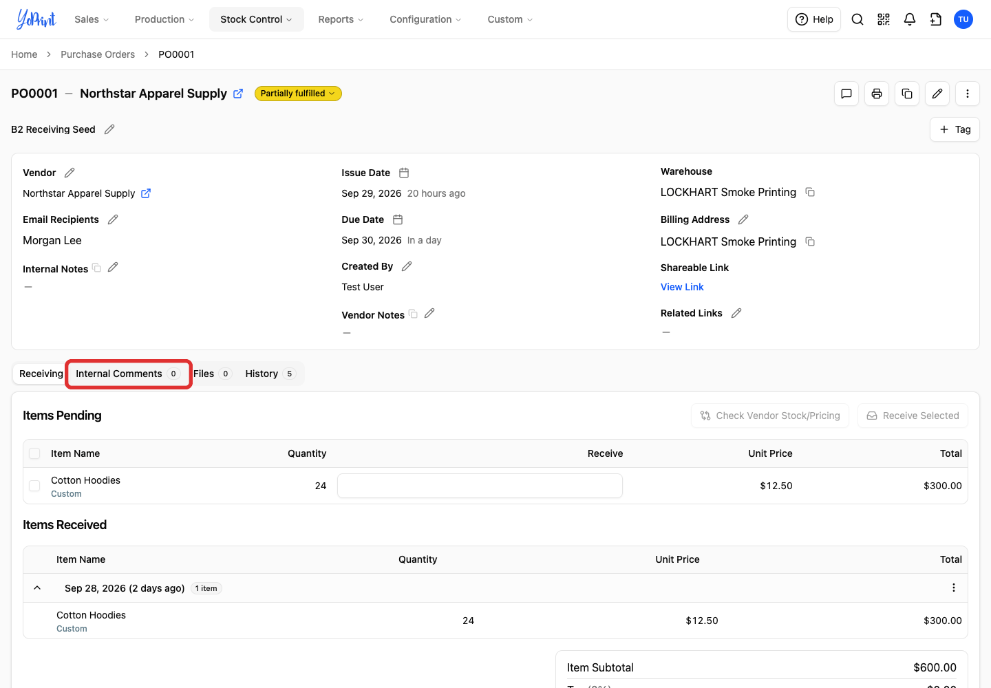 Internal Comments tab
