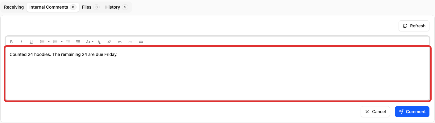 Receiving update in the comment editor